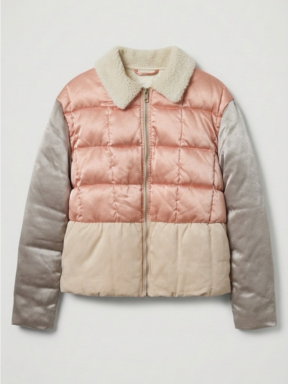 Scotch & Soda Quilted Colorblock Puffer Jacket in Blush, Cream & Silver